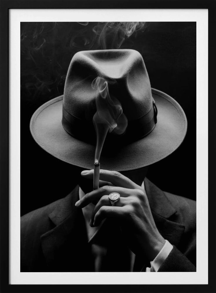 A dramatic black and white portrait of a person in a suit and fedora, their face obscured by the hat's shadow as they hold a lit cigarette with smoke curling upwards. Decor