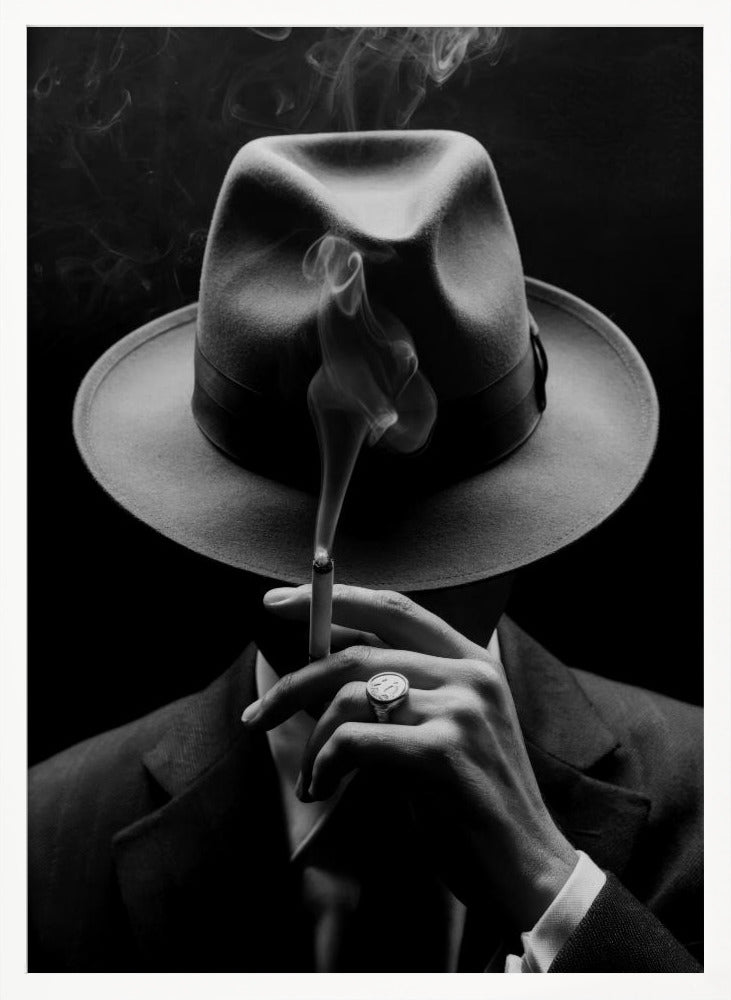 A dramatic black and white portrait of a person in a suit and fedora, their face obscured by the hat's shadow as they hold a lit cigarette with smoke curling upwards. Decor