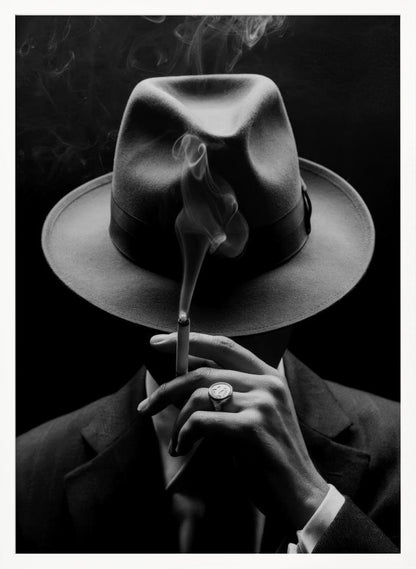 A dramatic black and white portrait of a person in a suit and fedora, their face obscured by the hat's shadow as they hold a lit cigarette with smoke curling upwards. Decor