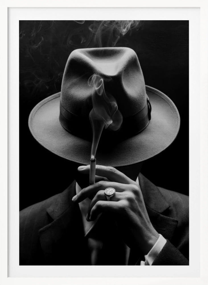 A dramatic black and white portrait of a person in a suit and fedora, their face obscured by the hat's shadow as they hold a lit cigarette with smoke curling upwards. Decor