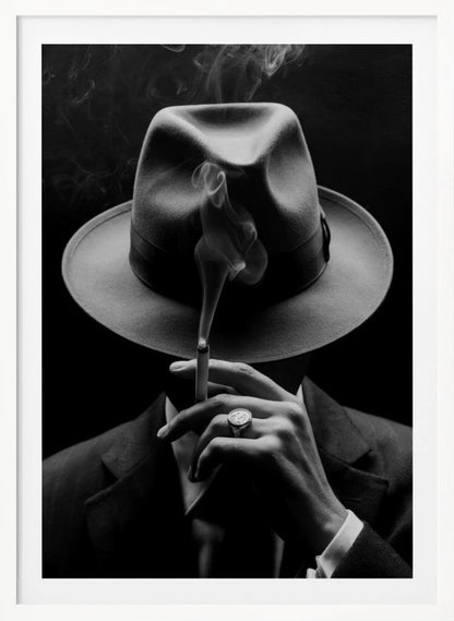 A dramatic black and white portrait of a person in a suit and fedora, their face obscured by the hat's shadow as they hold a lit cigarette with smoke curling upwards. Decor