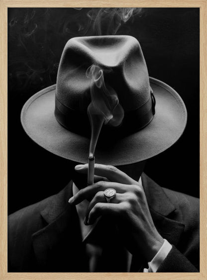 A dramatic black and white portrait of a person in a suit and fedora, their face obscured by the hat's shadow as they hold a lit cigarette with smoke curling upwards. Decor