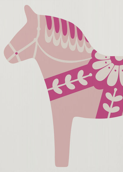 A framed art print featuring a stylized Scandinavian Dala horse in profile. The horse is various shades of pink and magenta with decorative off-white patterns on its mane, bridle, and saddle area, set against a light gray background. Decor