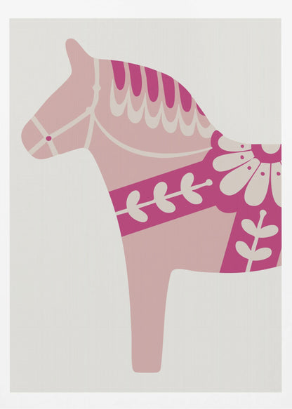 A framed art print featuring a stylized Scandinavian Dala horse in profile. The horse is various shades of pink and magenta with decorative off-white patterns on its mane, bridle, and saddle area, set against a light gray background. Decor