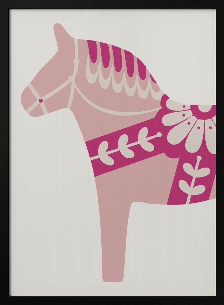 A framed art print featuring a stylized Scandinavian Dala horse in profile. The horse is various shades of pink and magenta with decorative off-white patterns on its mane, bridle, and saddle area, set against a light gray background. Decor