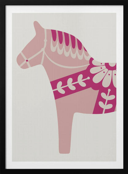 A framed art print featuring a stylized Scandinavian Dala horse in profile. The horse is various shades of pink and magenta with decorative off-white patterns on its mane, bridle, and saddle area, set against a light gray background. Decor