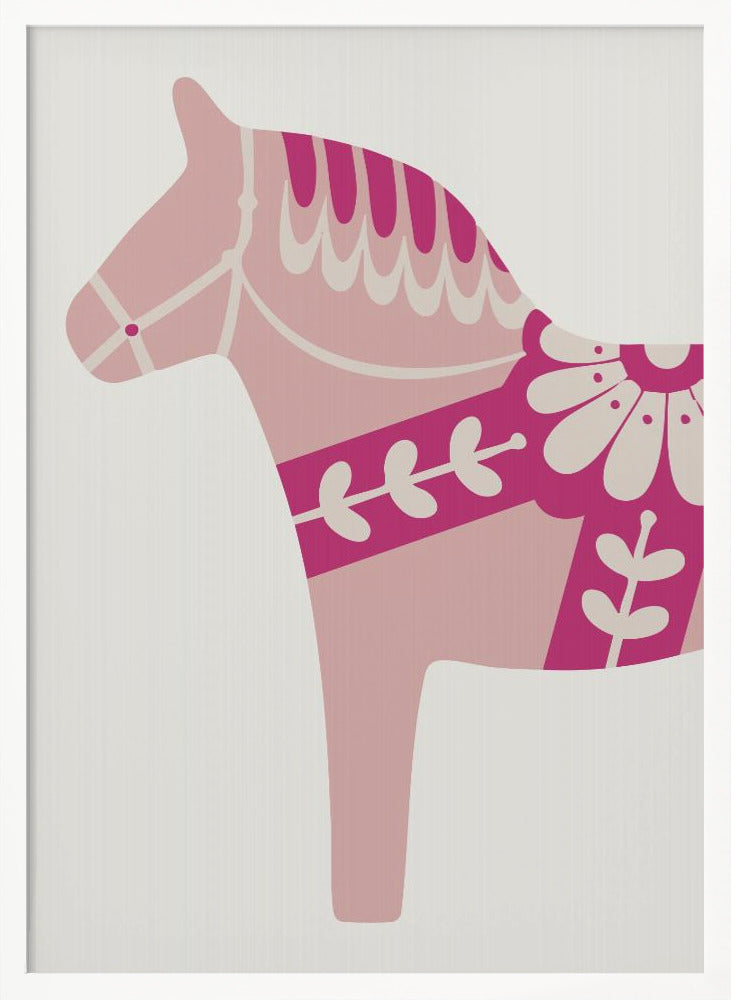 A framed art print featuring a stylized Scandinavian Dala horse in profile. The horse is various shades of pink and magenta with decorative off-white patterns on its mane, bridle, and saddle area, set against a light gray background. Decor
