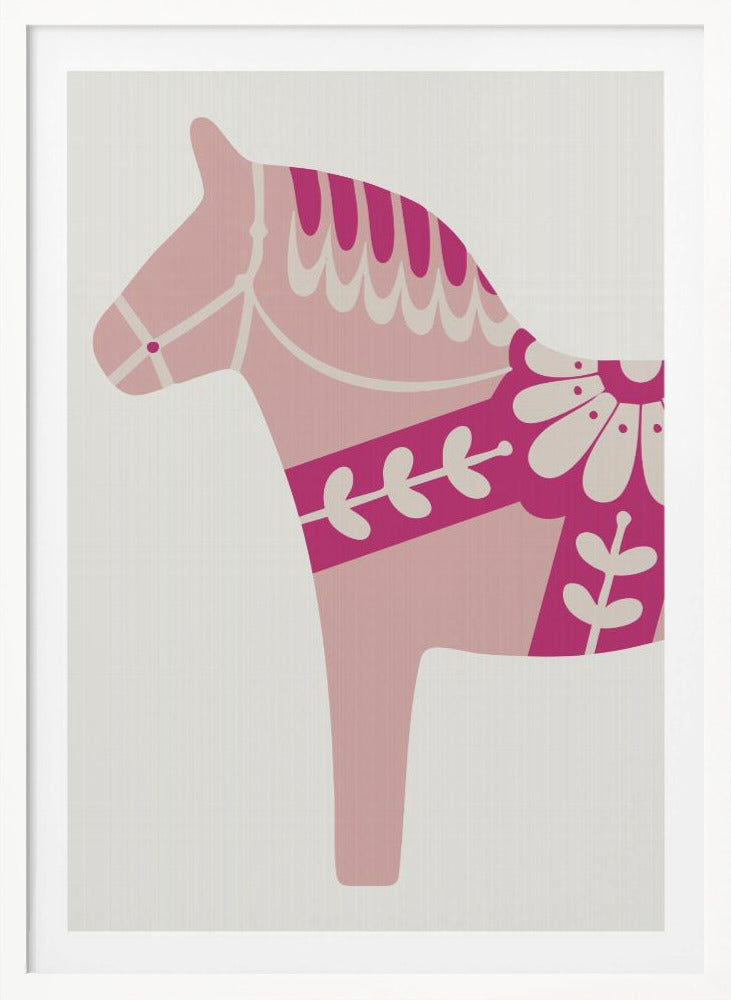 A framed art print featuring a stylized Scandinavian Dala horse in profile. The horse is various shades of pink and magenta with decorative off-white patterns on its mane, bridle, and saddle area, set against a light gray background. Decor