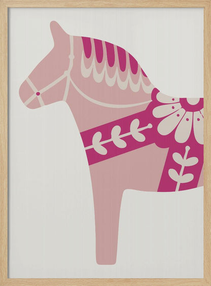 A framed art print featuring a stylized Scandinavian Dala horse in profile. The horse is various shades of pink and magenta with decorative off-white patterns on its mane, bridle, and saddle area, set against a light gray background. Decor