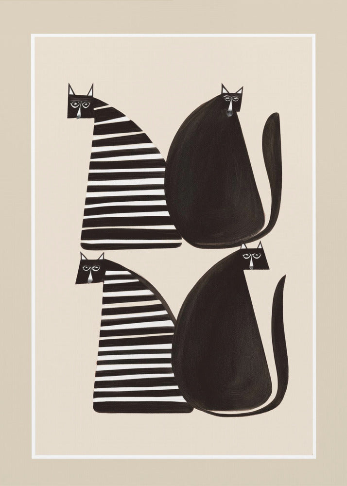A modern graphic art print of four stylized cats against a light beige background, enclosed in a white and beige mat and a black frame. The cats are arranged in two pairs; each pair consists of one solid black, rounded cat and one cat with a triangular body featuring black and white horizontal stripes. Decor