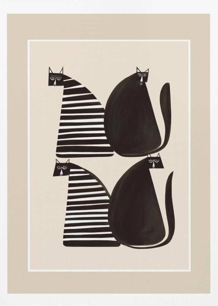 A modern graphic art print of four stylized cats against a light beige background, enclosed in a white and beige mat and a black frame. The cats are arranged in two pairs; each pair consists of one solid black, rounded cat and one cat with a triangular body featuring black and white horizontal stripes. Decor