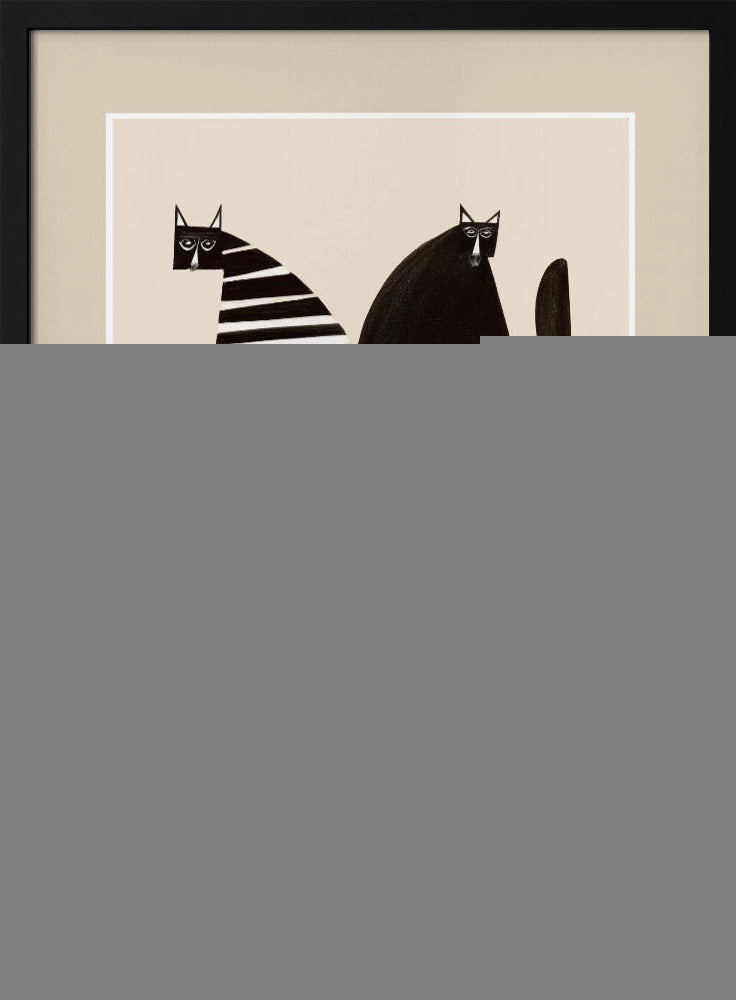 A modern graphic art print of four stylized cats against a light beige background, enclosed in a white and beige mat and a black frame. The cats are arranged in two pairs; each pair consists of one solid black, rounded cat and one cat with a triangular body featuring black and white horizontal stripes. Decor