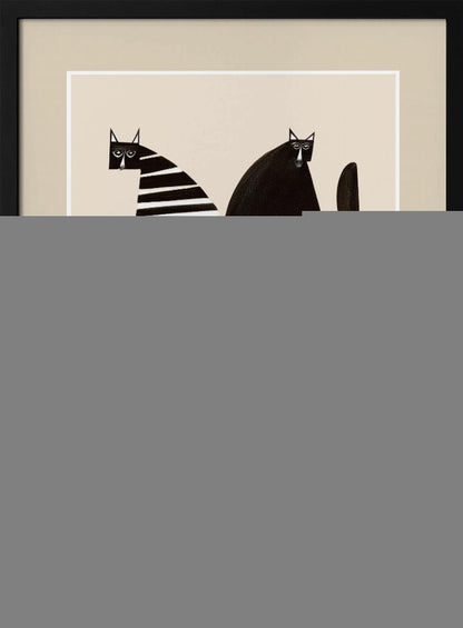 A modern graphic art print of four stylized cats against a light beige background, enclosed in a white and beige mat and a black frame. The cats are arranged in two pairs; each pair consists of one solid black, rounded cat and one cat with a triangular body featuring black and white horizontal stripes. Decor