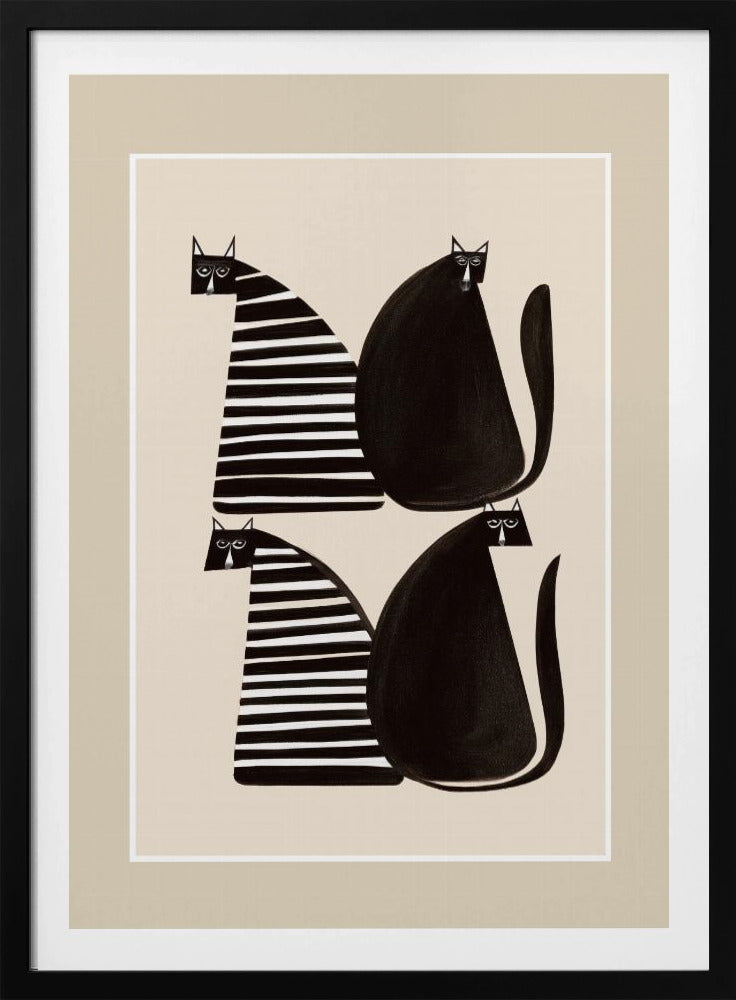 A modern graphic art print of four stylized cats against a light beige background, enclosed in a white and beige mat and a black frame. The cats are arranged in two pairs; each pair consists of one solid black, rounded cat and one cat with a triangular body featuring black and white horizontal stripes. Decor