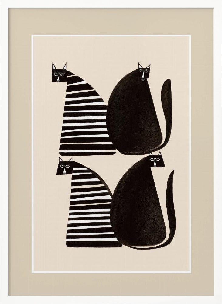 A modern graphic art print of four stylized cats against a light beige background, enclosed in a white and beige mat and a black frame. The cats are arranged in two pairs; each pair consists of one solid black, rounded cat and one cat with a triangular body featuring black and white horizontal stripes. Decor