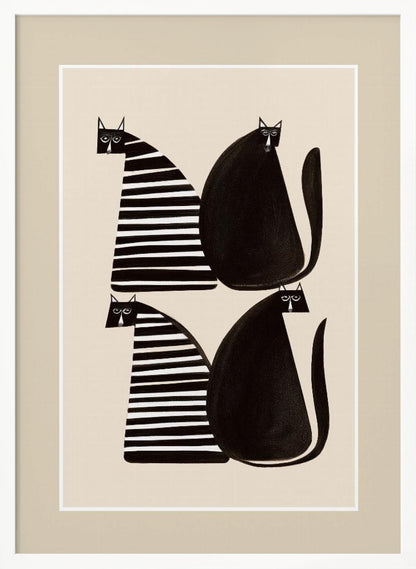 A modern graphic art print of four stylized cats against a light beige background, enclosed in a white and beige mat and a black frame. The cats are arranged in two pairs; each pair consists of one solid black, rounded cat and one cat with a triangular body featuring black and white horizontal stripes. Decor