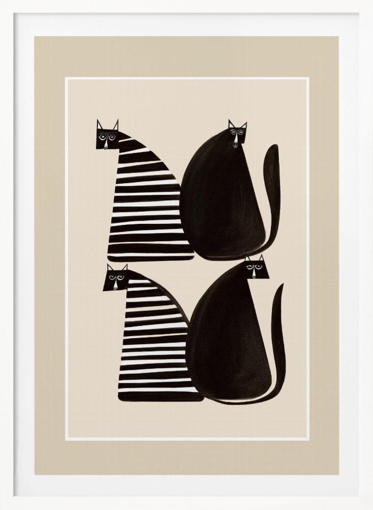 A modern graphic art print of four stylized cats against a light beige background, enclosed in a white and beige mat and a black frame. The cats are arranged in two pairs; each pair consists of one solid black, rounded cat and one cat with a triangular body featuring black and white horizontal stripes. Decor