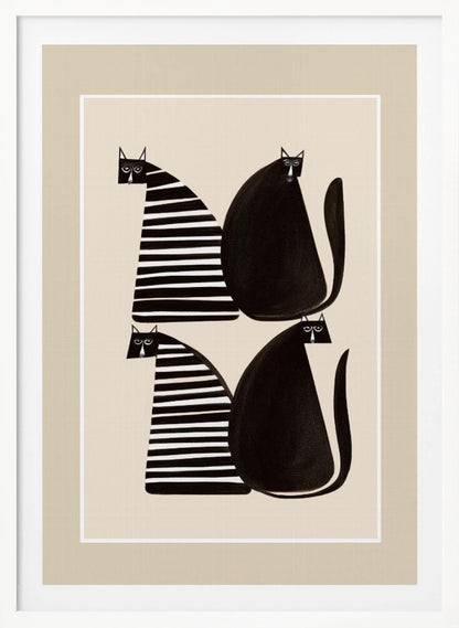A modern graphic art print of four stylized cats against a light beige background, enclosed in a white and beige mat and a black frame. The cats are arranged in two pairs; each pair consists of one solid black, rounded cat and one cat with a triangular body featuring black and white horizontal stripes. Decor