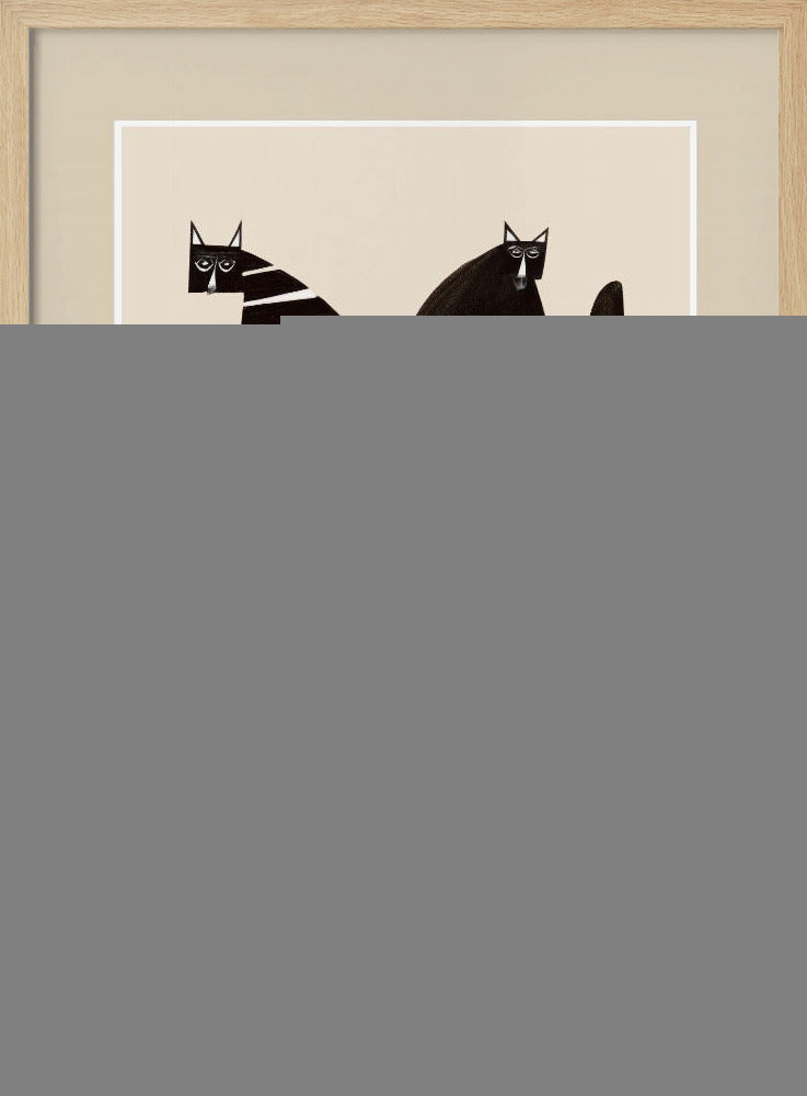 A modern graphic art print of four stylized cats against a light beige background, enclosed in a white and beige mat and a black frame. The cats are arranged in two pairs; each pair consists of one solid black, rounded cat and one cat with a triangular body featuring black and white horizontal stripes. Decor