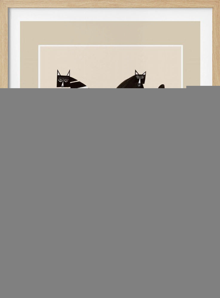 A modern graphic art print of four stylized cats against a light beige background, enclosed in a white and beige mat and a black frame. The cats are arranged in two pairs; each pair consists of one solid black, rounded cat and one cat with a triangular body featuring black and white horizontal stripes. Decor