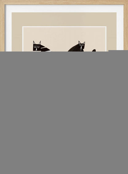 A modern graphic art print of four stylized cats against a light beige background, enclosed in a white and beige mat and a black frame. The cats are arranged in two pairs; each pair consists of one solid black, rounded cat and one cat with a triangular body featuring black and white horizontal stripes. Decor