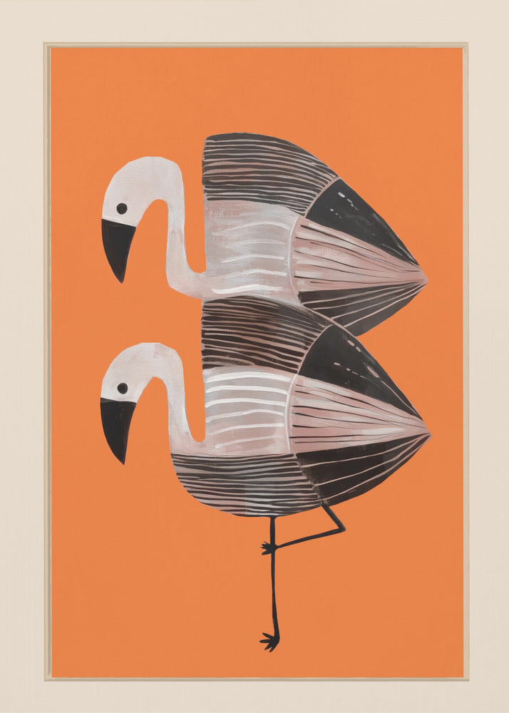 A framed art print of two stylized flamingos against a solid orange background. The birds are stacked vertically, with white heads, black beaks, and bodies featuring black, white, and grey stripes. The lower bird is standing on one leg. Wall Art