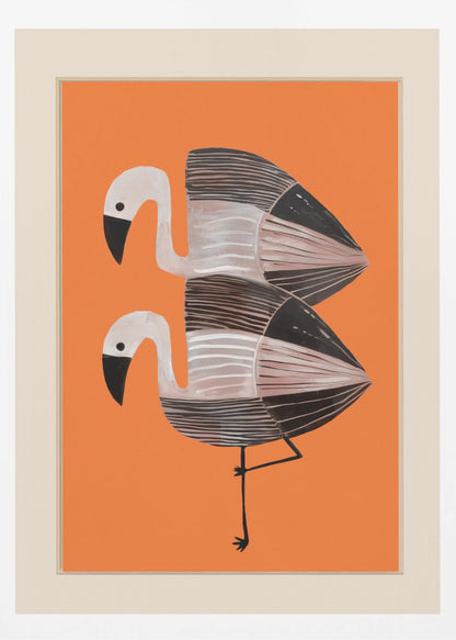 A framed art print of two stylized flamingos against a solid orange background. The birds are stacked vertically, with white heads, black beaks, and bodies featuring black, white, and grey stripes. The lower bird is standing on one leg. Wall Art