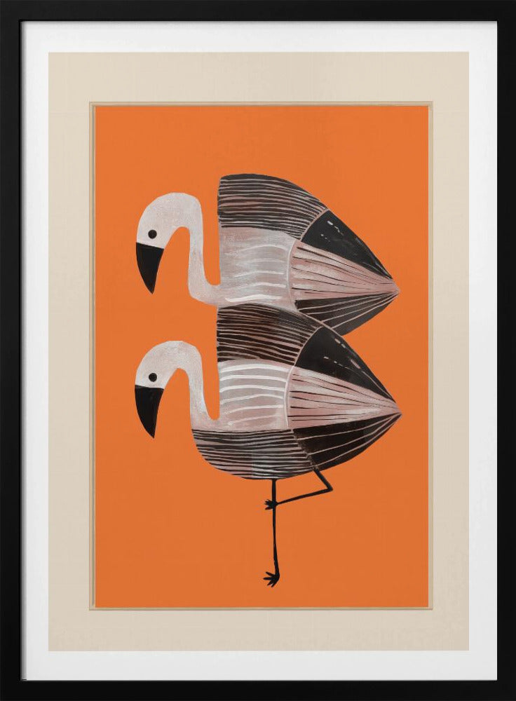 A framed art print of two stylized flamingos against a solid orange background. The birds are stacked vertically, with white heads, black beaks, and bodies featuring black, white, and grey stripes. The lower bird is standing on one leg. Wall Art