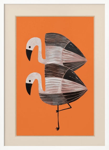 A framed art print of two stylized flamingos against a solid orange background. The birds are stacked vertically, with white heads, black beaks, and bodies featuring black, white, and grey stripes. The lower bird is standing on one leg. Wall Art