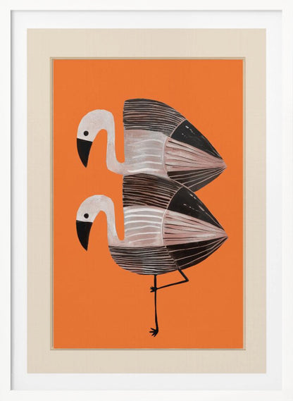 A framed art print of two stylized flamingos against a solid orange background. The birds are stacked vertically, with white heads, black beaks, and bodies featuring black, white, and grey stripes. The lower bird is standing on one leg. Wall Art
