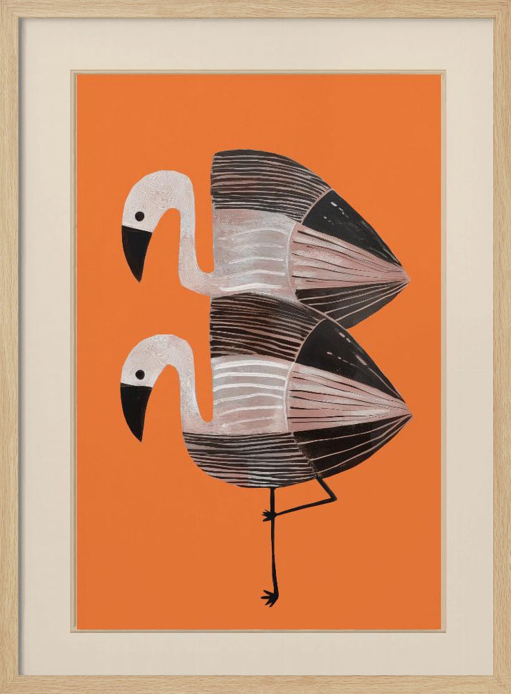 A framed art print of two stylized flamingos against a solid orange background. The birds are stacked vertically, with white heads, black beaks, and bodies featuring black, white, and grey stripes. The lower bird is standing on one leg. Wall Art