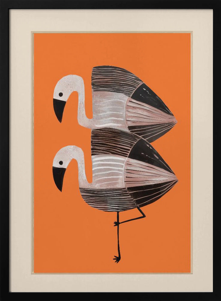 A framed art print of two stylized flamingos against a solid orange background. The birds are stacked vertically, with white heads, black beaks, and bodies featuring black, white, and grey stripes. The lower bird is standing on one leg. Wall Art