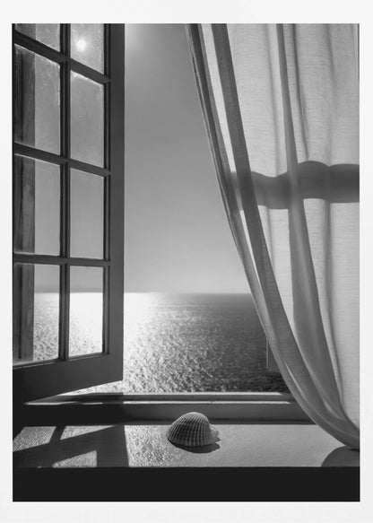 A serene black and white photograph looking out an open paned window at a sunlit ocean. A single seashell rests on the windowsill in the foreground, with shadows cast by the window frame. A light curtain hangs to the right, framing the tranquil sea view. Poster