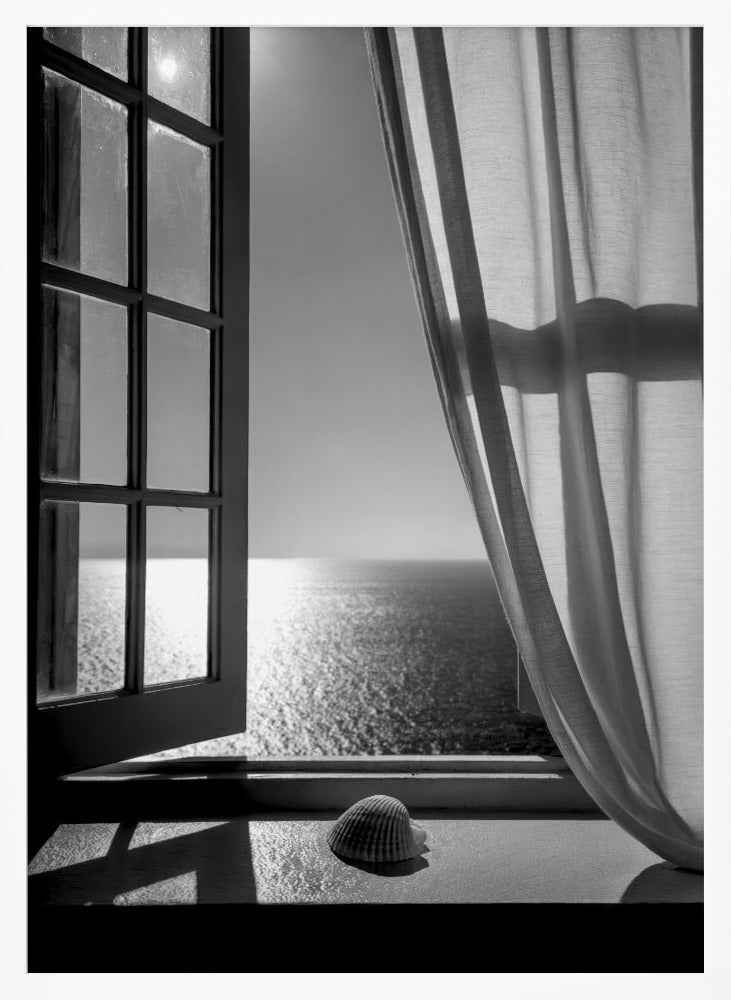 A serene black and white photograph looking out an open paned window at a sunlit ocean. A single seashell rests on the windowsill in the foreground, with shadows cast by the window frame. A light curtain hangs to the right, framing the tranquil sea view. Poster