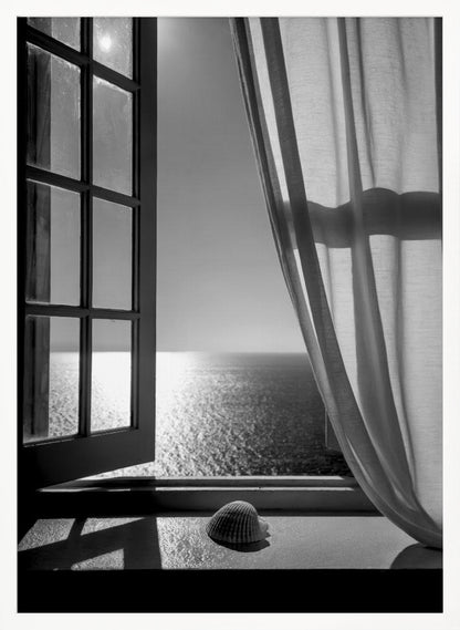 A serene black and white photograph looking out an open paned window at a sunlit ocean. A single seashell rests on the windowsill in the foreground, with shadows cast by the window frame. A light curtain hangs to the right, framing the tranquil sea view. Poster