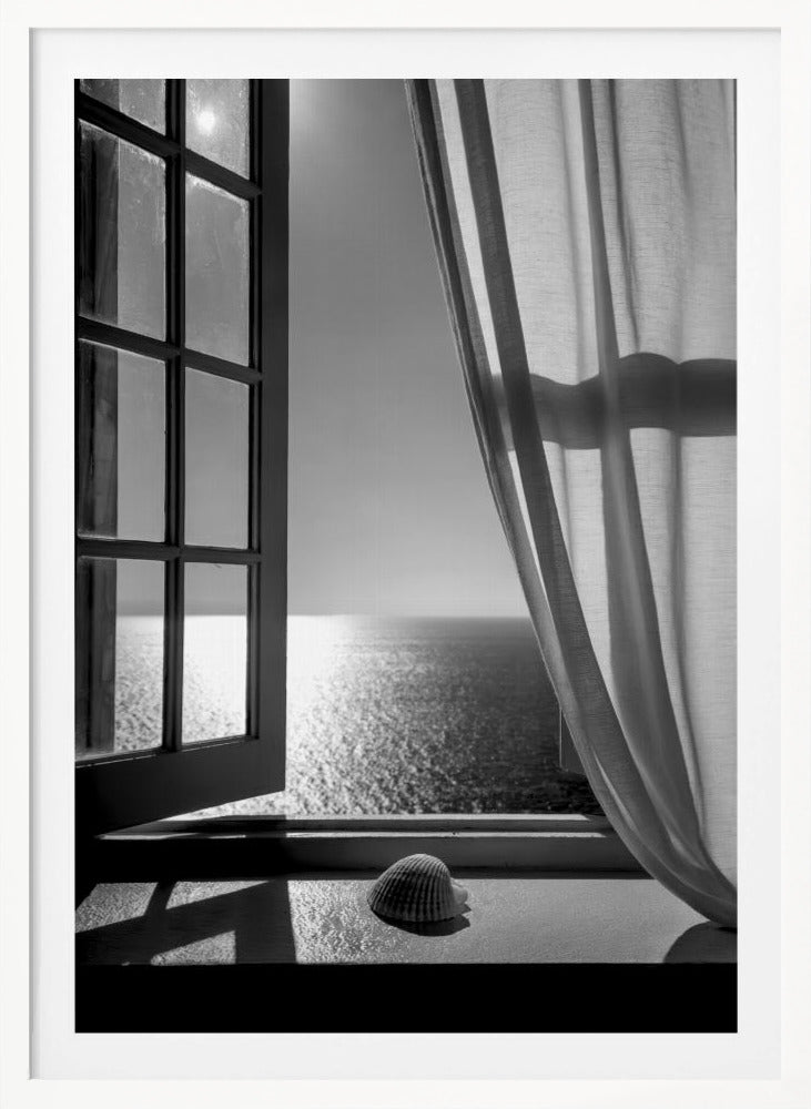 A serene black and white photograph looking out an open paned window at a sunlit ocean. A single seashell rests on the windowsill in the foreground, with shadows cast by the window frame. A light curtain hangs to the right, framing the tranquil sea view. Poster