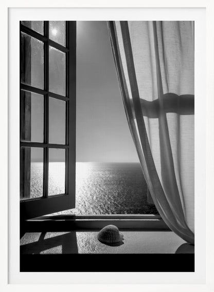 A serene black and white photograph looking out an open paned window at a sunlit ocean. A single seashell rests on the windowsill in the foreground, with shadows cast by the window frame. A light curtain hangs to the right, framing the tranquil sea view. Poster