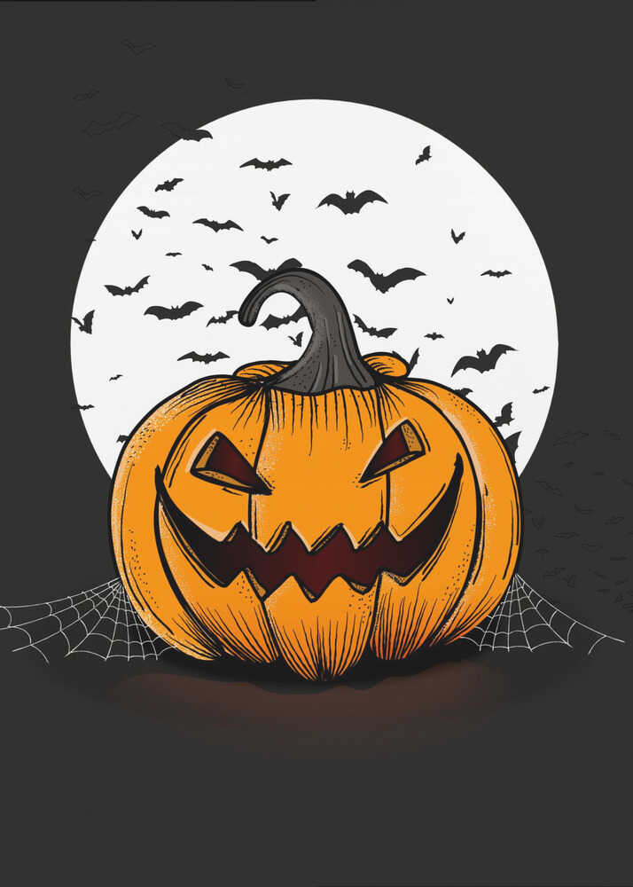 An illustration of a grinning orange jack-o'-lantern sitting in front of a large white full moon. A swarm of black bat silhouettes flies across the moon and the dark night sky. A spiderweb is visible on the ground next to the pumpkin. Poster