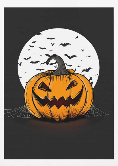 An illustration of a grinning orange jack-o'-lantern sitting in front of a large white full moon. A swarm of black bat silhouettes flies across the moon and the dark night sky. A spiderweb is visible on the ground next to the pumpkin. Poster