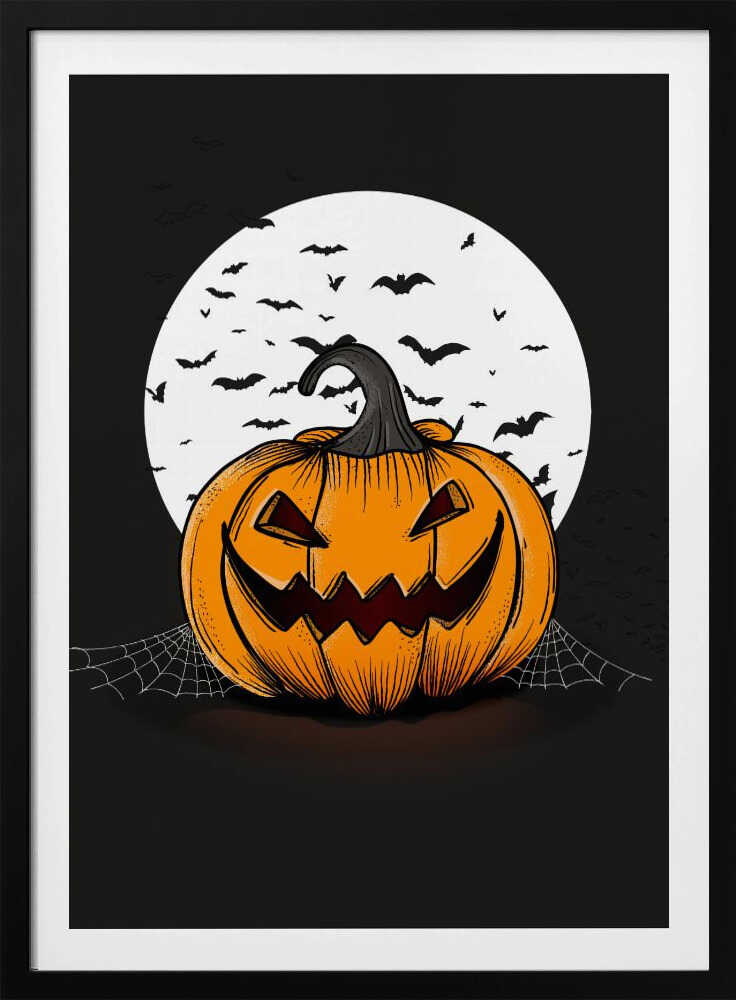An illustration of a grinning orange jack-o'-lantern sitting in front of a large white full moon. A swarm of black bat silhouettes flies across the moon and the dark night sky. A spiderweb is visible on the ground next to the pumpkin. Poster