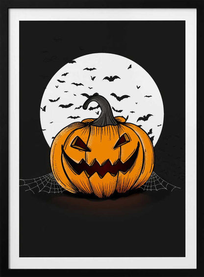 An illustration of a grinning orange jack-o'-lantern sitting in front of a large white full moon. A swarm of black bat silhouettes flies across the moon and the dark night sky. A spiderweb is visible on the ground next to the pumpkin. Poster