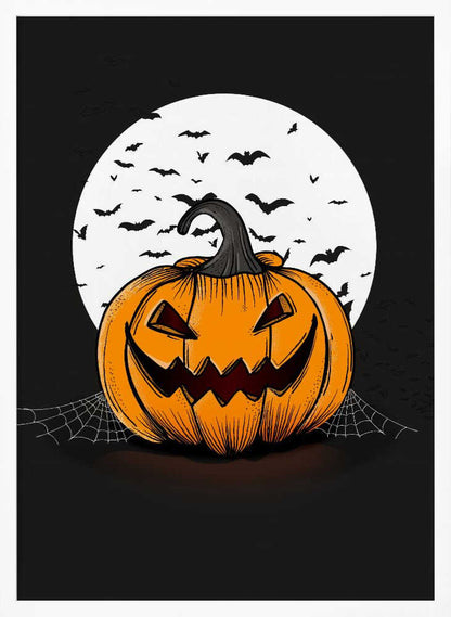 An illustration of a grinning orange jack-o'-lantern sitting in front of a large white full moon. A swarm of black bat silhouettes flies across the moon and the dark night sky. A spiderweb is visible on the ground next to the pumpkin. Poster