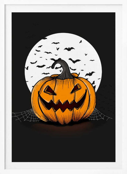 An illustration of a grinning orange jack-o'-lantern sitting in front of a large white full moon. A swarm of black bat silhouettes flies across the moon and the dark night sky. A spiderweb is visible on the ground next to the pumpkin. Poster