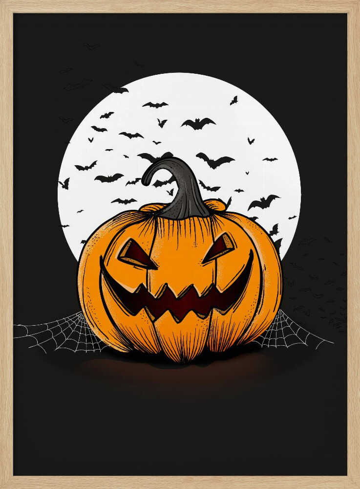 An illustration of a grinning orange jack-o'-lantern sitting in front of a large white full moon. A swarm of black bat silhouettes flies across the moon and the dark night sky. A spiderweb is visible on the ground next to the pumpkin. Poster