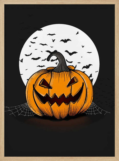 An illustration of a grinning orange jack-o'-lantern sitting in front of a large white full moon. A swarm of black bat silhouettes flies across the moon and the dark night sky. A spiderweb is visible on the ground next to the pumpkin. Poster