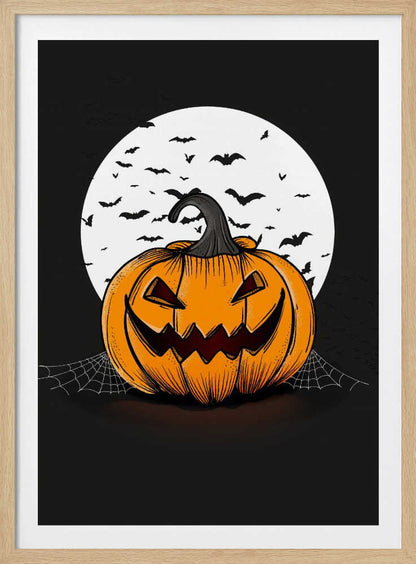 An illustration of a grinning orange jack-o'-lantern sitting in front of a large white full moon. A swarm of black bat silhouettes flies across the moon and the dark night sky. A spiderweb is visible on the ground next to the pumpkin. Poster