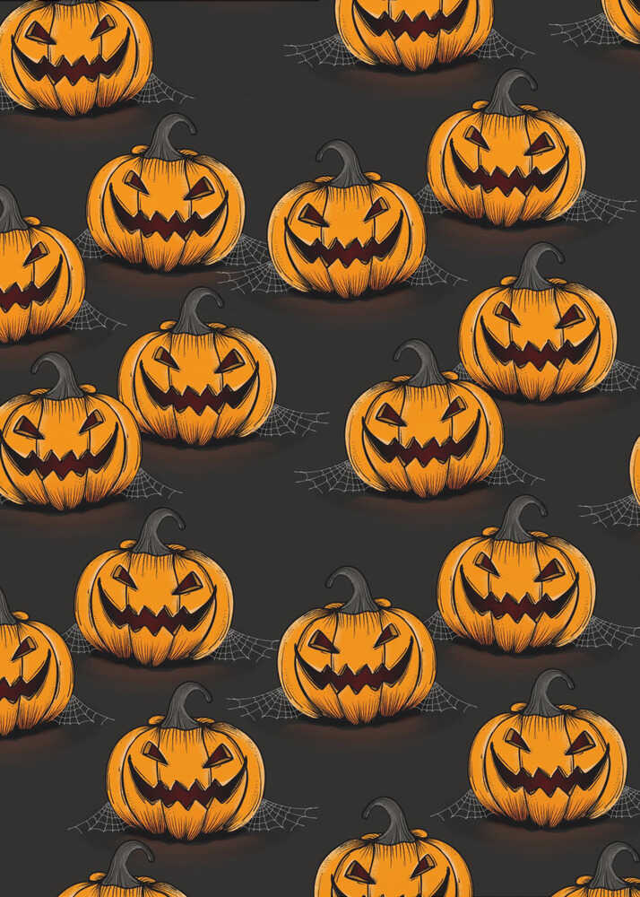 A framed poster featuring a repeating pattern of cartoonish, grinning jack-o'-lanterns on a solid black background. Each orange pumpkin has a sinister smile, triangular eyes, and a dark, curved stem. Faint spiderwebs are visible behind some of the pumpkins, adding to the spooky Halloween theme. Poster