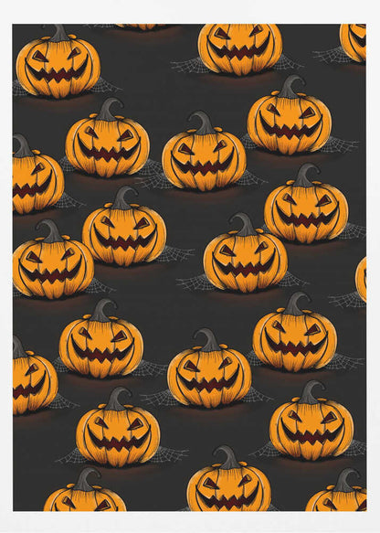 A framed poster featuring a repeating pattern of cartoonish, grinning jack-o'-lanterns on a solid black background. Each orange pumpkin has a sinister smile, triangular eyes, and a dark, curved stem. Faint spiderwebs are visible behind some of the pumpkins, adding to the spooky Halloween theme. Poster
