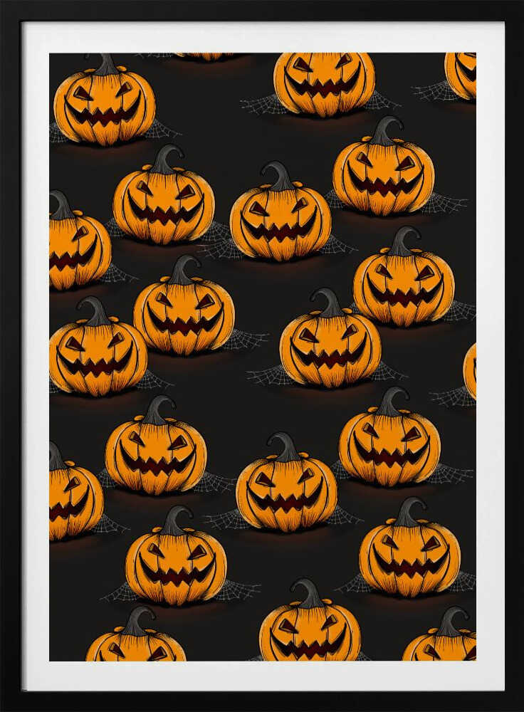 A framed poster featuring a repeating pattern of cartoonish, grinning jack-o'-lanterns on a solid black background. Each orange pumpkin has a sinister smile, triangular eyes, and a dark, curved stem. Faint spiderwebs are visible behind some of the pumpkins, adding to the spooky Halloween theme. Poster