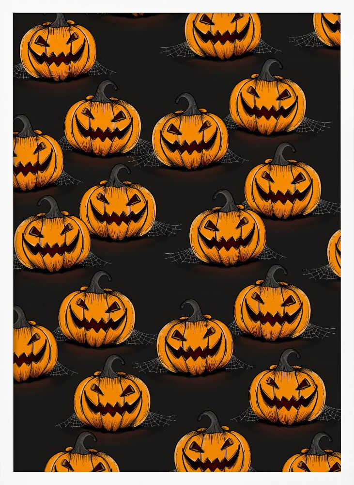 A framed poster featuring a repeating pattern of cartoonish, grinning jack-o'-lanterns on a solid black background. Each orange pumpkin has a sinister smile, triangular eyes, and a dark, curved stem. Faint spiderwebs are visible behind some of the pumpkins, adding to the spooky Halloween theme. Poster